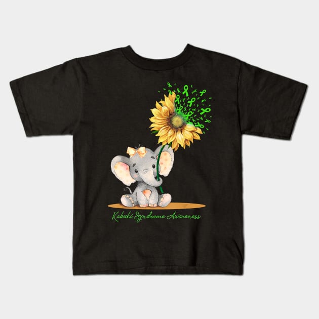 Kabuki Syndrome Awareness Cute Elephant Sunflower Lime Kids T-Shirt by hony.white